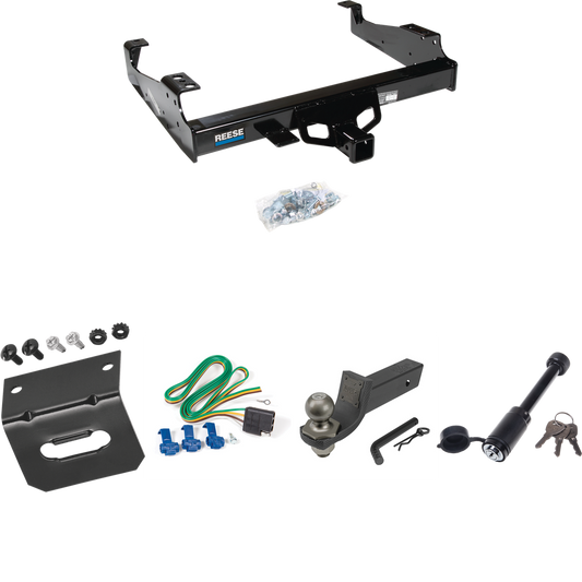 Fits 1999-2023 Ford F-450 Super Duty Trailer Hitch Tow PKG w/ 4-Flat Wiring + Interlock Tactical Starter Kit w/ 2" Drop & 2" Ball + Tactical Dogbone Lock + Wiring Bracket (For Cab & Chassis, w/34" Wide Frames Models) By Reese Towpower