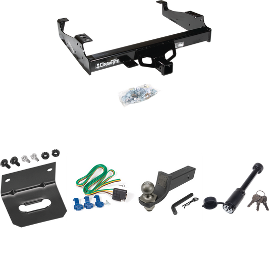 Fits 1999-2000 Ford F-350 Super Duty Trailer Hitch Tow PKG w/ 4-Flat Wiring + Interlock Tactical Starter Kit w/ 2" Drop & 2" Ball + Tactical Dogbone Lock + Wiring Bracket (For Cab & Chassis, w/34" Wide Frames Models) By Draw-Tite