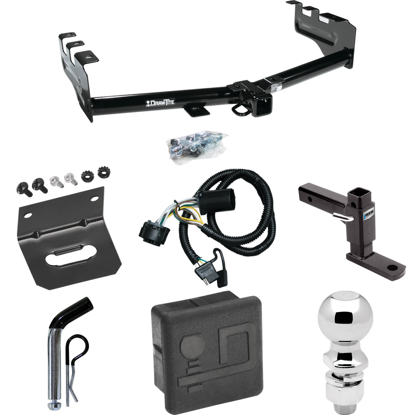 Se adapta al paquete de enganche de remolque GMC Sierra 1500 2007-2013 con 4 cables planos + soporte de bola ajustable + pasador/clip + bola de 2-5/16 pulgadas + soporte de cableado + cubierta de enganche de Draw-Tite