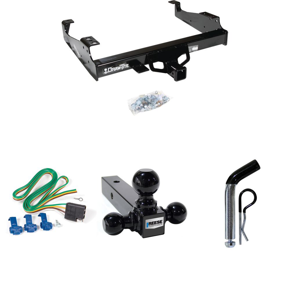 Fits 1999-2023 Ford F-550 Super Duty Trailer Hitch Tow PKG w/ 4-Flat Wiring + Triple Ball Ball Mount 1-7/8" & 2" & 2-5/16" Trailer Balls + Pin/Clip (For Cab & Chassis, w/34" Wide Frames Models) By Draw-Tite