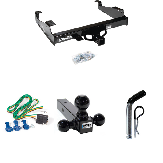 Fits 1999-2023 Ford F-550 Super Duty Trailer Hitch Tow PKG w/ 4-Flat Wiring + Triple Ball Ball Mount 1-7/8" & 2" & 2-5/16" Trailer Balls + Pin/Clip (For Cab & Chassis, w/34" Wide Frames Models) By Draw-Tite