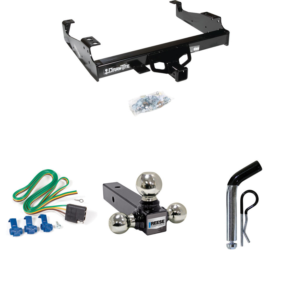 Fits 1999-2000 Ford F-350 Super Duty Trailer Hitch Tow PKG w/ 4-Flat Wiring + Triple Ball Ball Mount 1-7/8" & 2" & 2-5/16" Trailer Balls + Pin/Clip (For Cab & Chassis, w/34" Wide Frames Models) By Draw-Tite