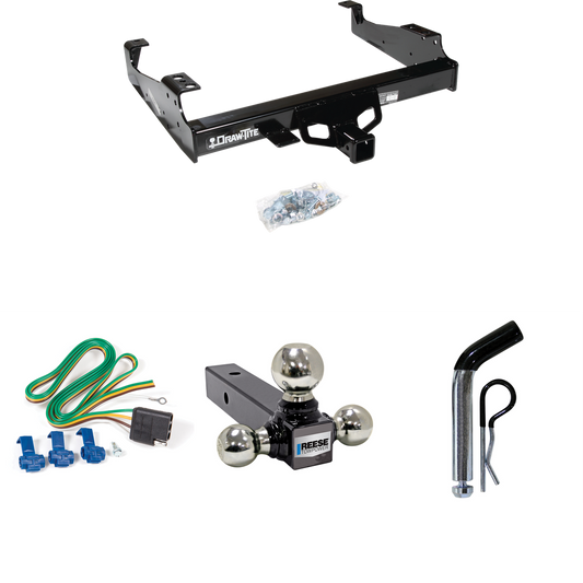 Fits 1999-2000 Ford F-350 Super Duty Trailer Hitch Tow PKG w/ 4-Flat Wiring + Triple Ball Ball Mount 1-7/8" & 2" & 2-5/16" Trailer Balls + Pin/Clip (For Cab & Chassis, w/34" Wide Frames Models) By Draw-Tite