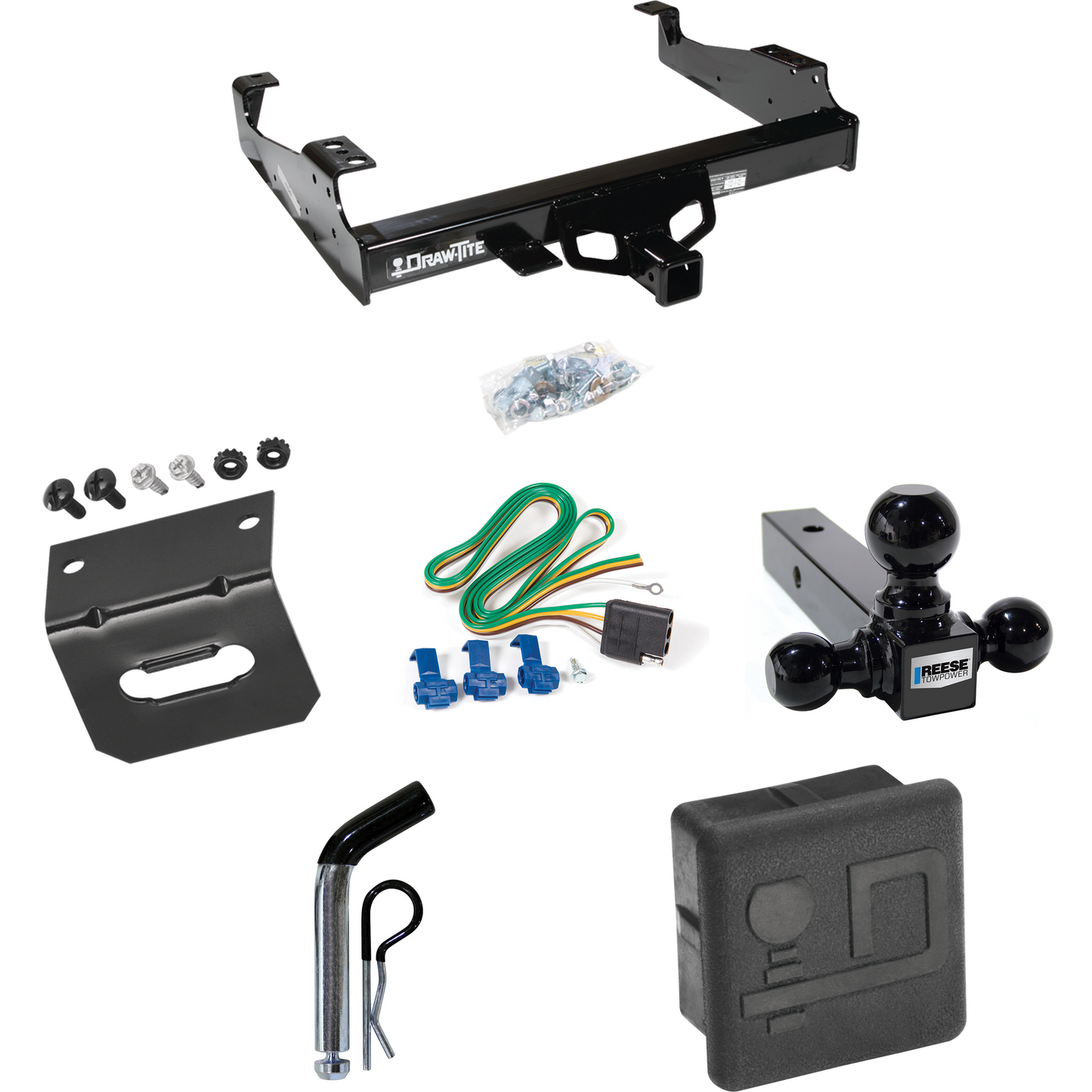 Fits 1999-2000 Ford F-350 Super Duty Trailer Hitch Tow PKG w/ 4-Flat Wiring + Triple Ball Ball Mount 1-7/8" & 2" & 2-5/16" Trailer Balls + Pin/Clip + Wiring Bracket + Hitch Cover (For Cab & Chassis, w/34" Wide Frames Models) By Draw-Tite