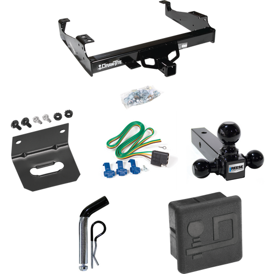 Fits 1999-2000 Ford F-350 Super Duty Trailer Hitch Tow PKG w/ 4-Flat Wiring + Triple Ball Ball Mount 1-7/8" & 2" & 2-5/16" Trailer Balls + Pin/Clip + Wiring Bracket + Hitch Cover (For Cab & Chassis, w/34" Wide Frames Models) By Draw-Tite