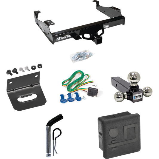 Fits 1999-2023 Ford F-450 Super Duty Trailer Hitch Tow PKG w/ 4-Flat Wiring + Triple Ball Ball Mount 1-7/8" & 2" & 2-5/16" Trailer Balls + Pin/Clip + Wiring Bracket + Hitch Cover (For Cab & Chassis, w/34" Wide Frames Models) By Draw-Tite