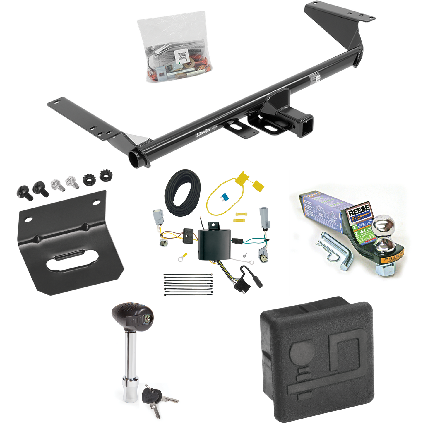 Fits 2022-2023 Chrysler Grand Caravan Trailer Hitch Tow PKG w/ 4-Flat Wiring + Starter Kit Ball Mount w/ 2" Drop & 1-7/8" Ball + Wiring Bracket + Hitch Lock + Hitch Cover (For (Canada Only) Models) By Draw-Tite