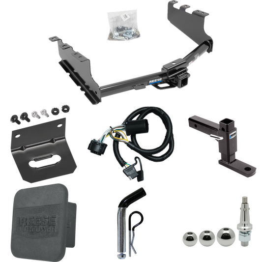 Fits 2014-2018 Chevrolet Silverado 1500 Trailer Hitch Tow PKG w/ 4-Flat Wiring + Adjustable Drop Rise Ball Mount + Pin/Clip + Inerchangeable 1-7/8" & 2" & 2-5/16" Balls + Wiring Bracket + Hitch Cover By Reese Towpower