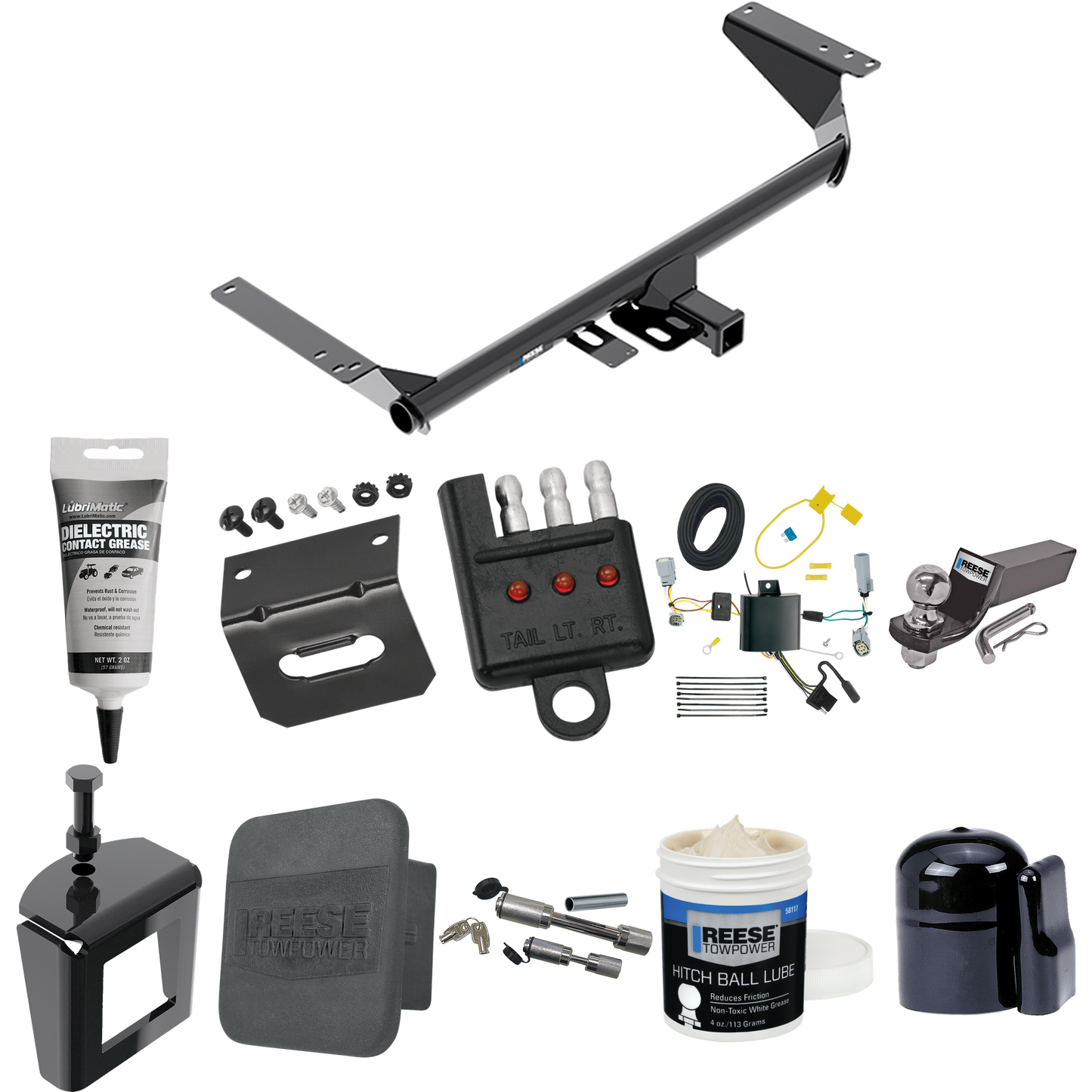 Fits 2017-2020 Chrysler Pacifica Trailer Hitch Tow PKG w/ 4-Flat Wiring + Starter Kit Ball Mount w/ 2" Drop & 2" Ball + 1-7/8" Ball + Wiring Bracket + Dual Hitch & Coupler Locks + Hitch Cover + Wiring Tester + Ball Lube + Electric Grease + Ball Wrenc