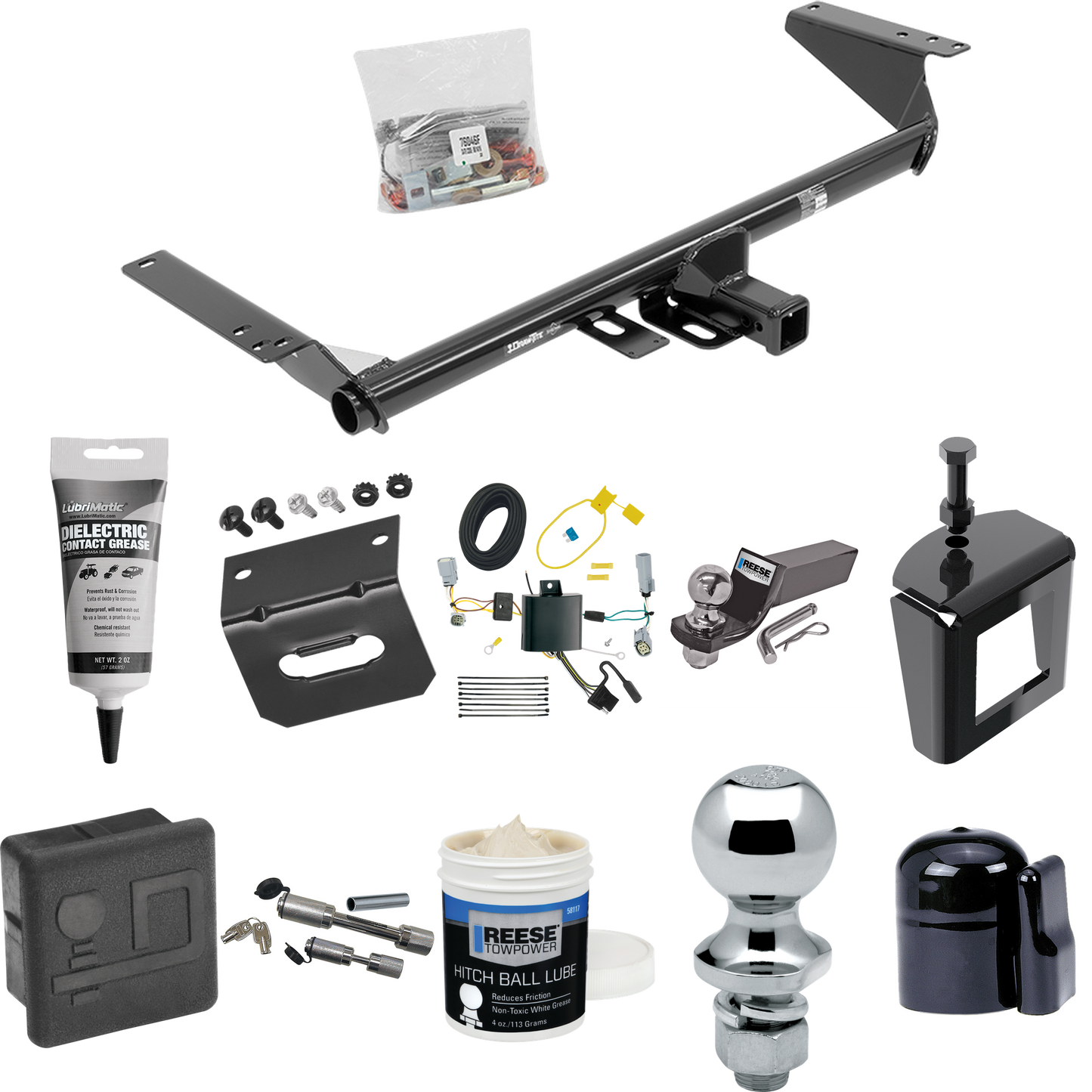 Fits 2017-2020 Chrysler Pacifica Trailer Hitch Tow PKG w/ 4-Flat Wiring + Starter Kit Ball Mount w/ 2" Drop & 2" Ball + 1-7/8" Ball + Wiring Bracket + Dual Hitch & Coupler Locks + Hitch Cover + Wiring Tester + Ball Lube +Electric Grease + Ball Wrench