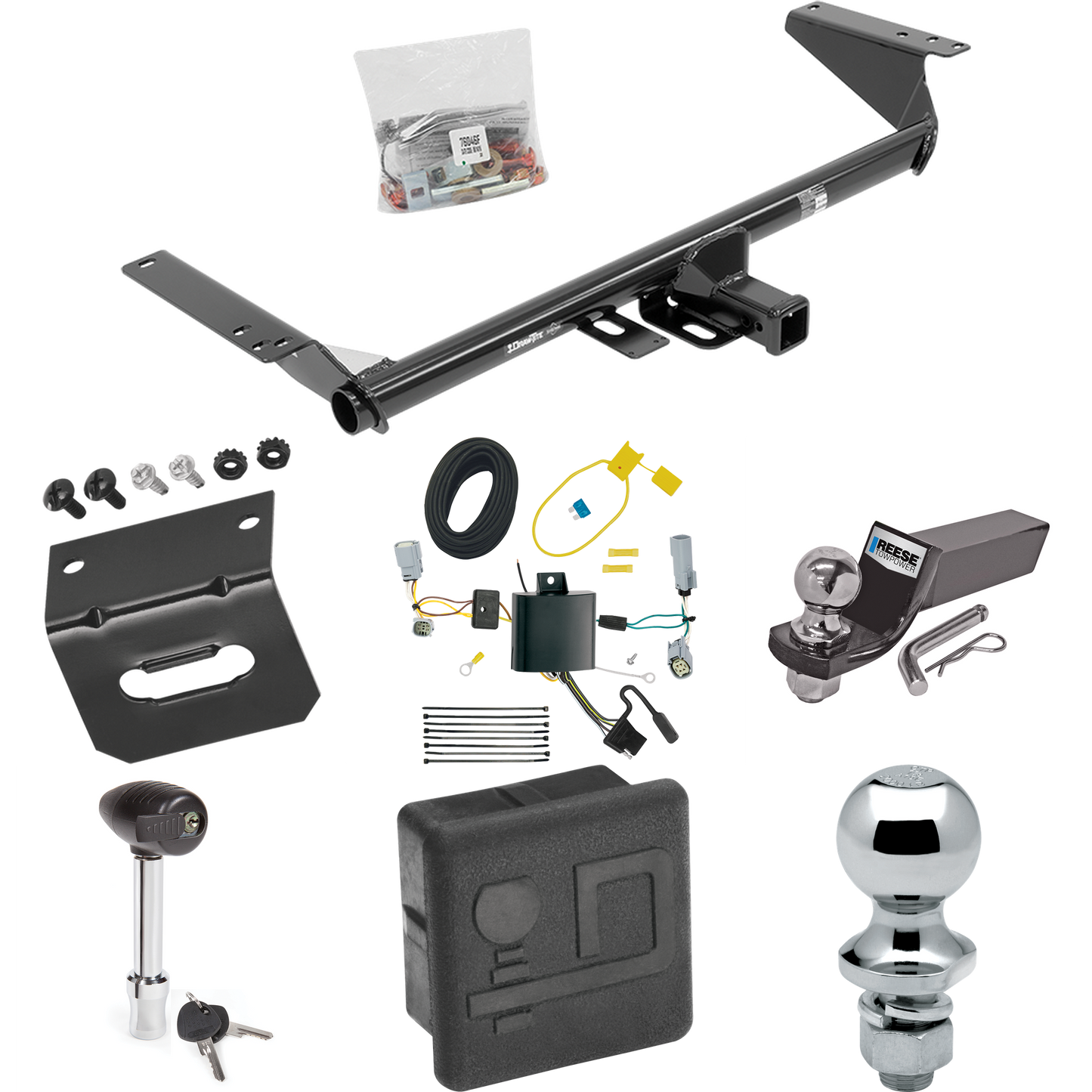 Fits 2022-2023 Chrysler Grand Caravan Trailer Hitch Tow PKG w/ 4-Flat Wiring + Starter Kit Ball Mount w/ 2" Drop & 2" Ball + 1-7/8" Ball + Wiring Bracket + Hitch Lock + Hitch Cover (For (Canada Only) Models) By Draw-Tite