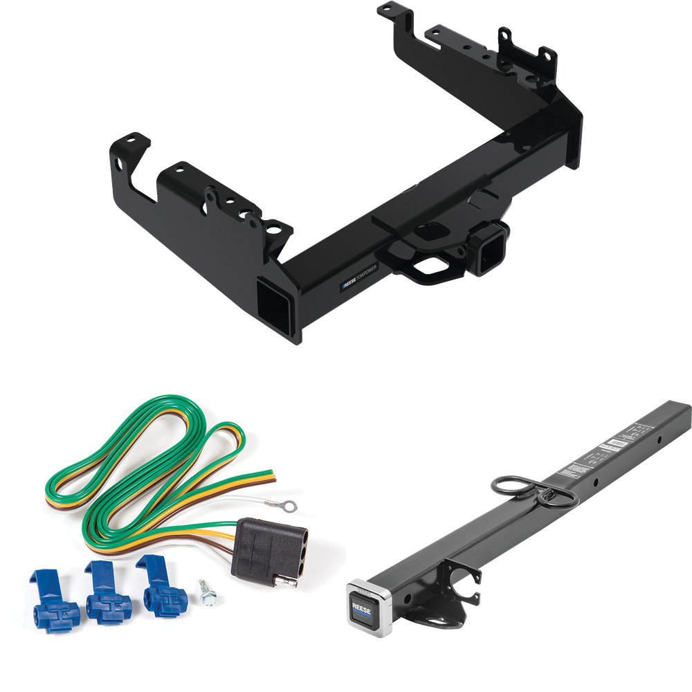 Fits 2019-2023 Ford F-350 Super Duty Trailer Hitch Tow PKG w/ 4-Flat Wiring Harness + 2-1/2" to 2" Adapter 24" Length (For Cab & Chassis, w/34" Wide Frames Models) By Reese Towpower