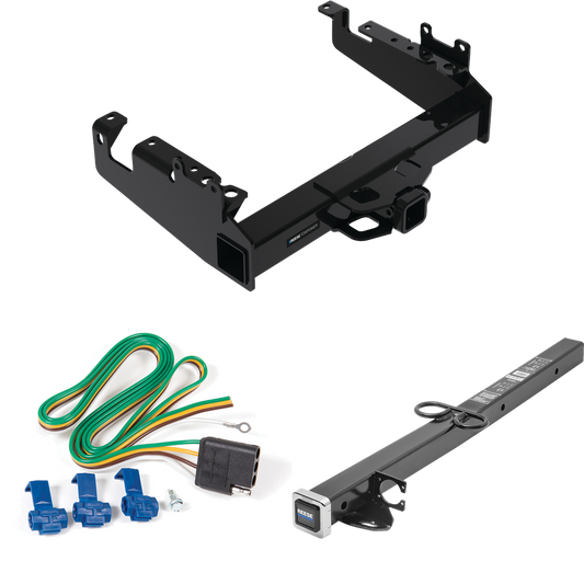 Fits 2019-2023 Ford F-350 Super Duty Trailer Hitch Tow PKG w/ 4-Flat Wiring Harness + 2-1/2" to 2" Adapter 24" Length (For Cab & Chassis, w/34" Wide Frames Models) By Reese Towpower