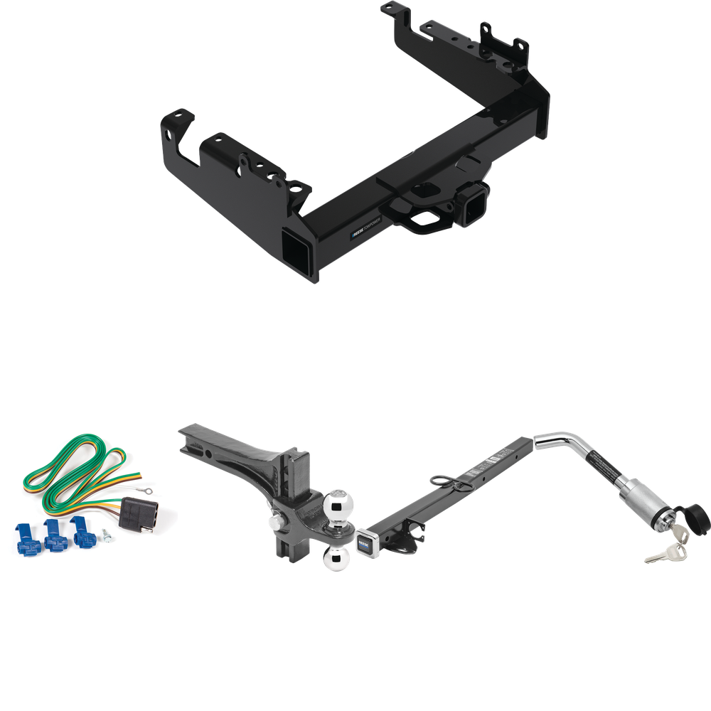 Fits 2019-2023 Ford F-550 Super Duty Trailer Hitch Tow PKG w/ 4-Flat Wiring Harness + 2-1/2" to 2" Adapter 24" Length + Adjustable Drop Rise Dual Ball Ball Mount 2" & 2-5/16" Trailer Balls + Hitch Lock (For Cab & Chassis, w/34" Wide Frames Models) By