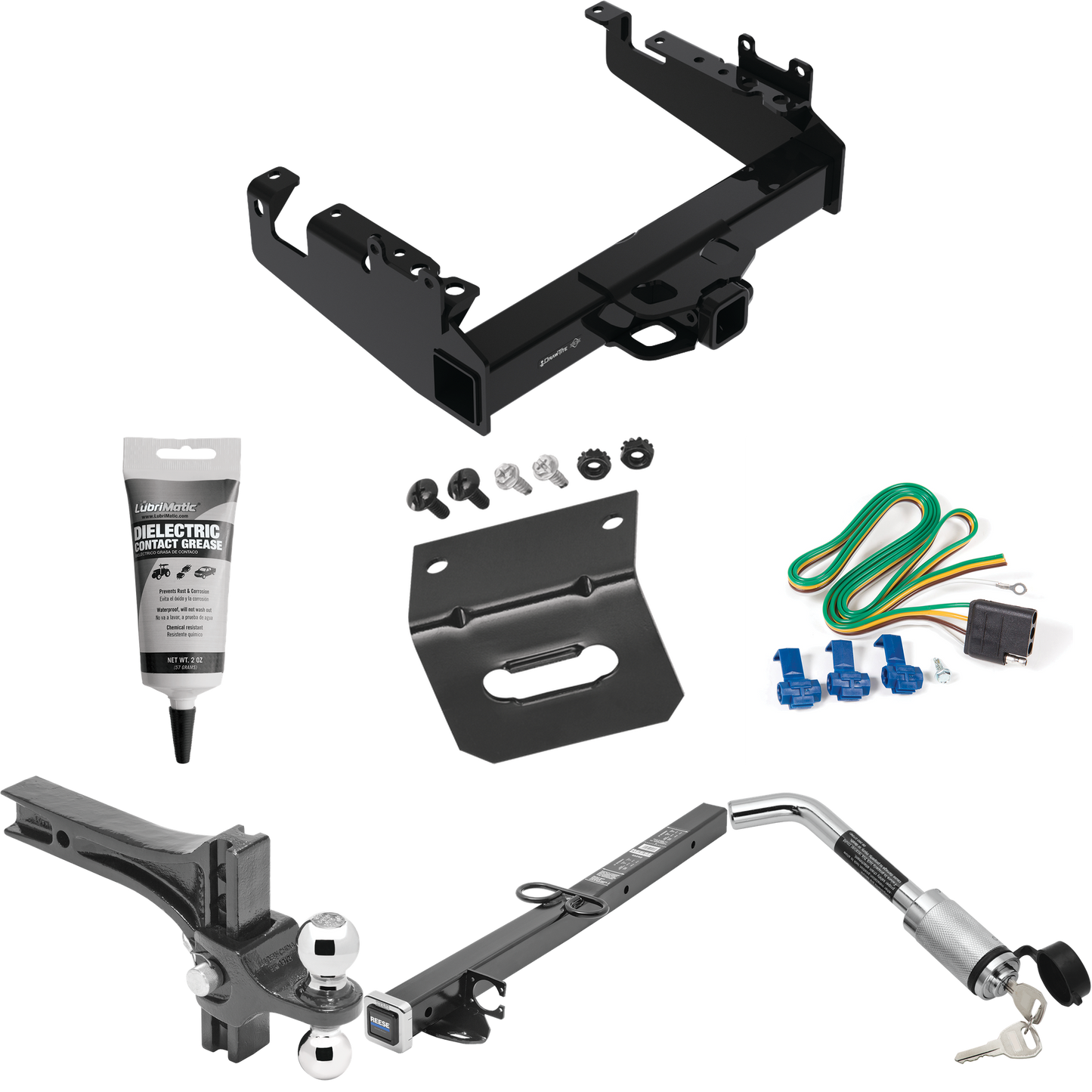 Fits 2019-2023 Ford F-550 Super Duty Trailer Hitch Tow PKG w/ 4-Flat Wiring Harness + 2-1/2" to 2" Adapter 24" Length + Adjustable Drop Rise Dual Ball Ball Mount 2" & 2-5/16" Trailer Balls + Hitch Lock + Wiring Bracket + Electric Grease (For Cab & Ch