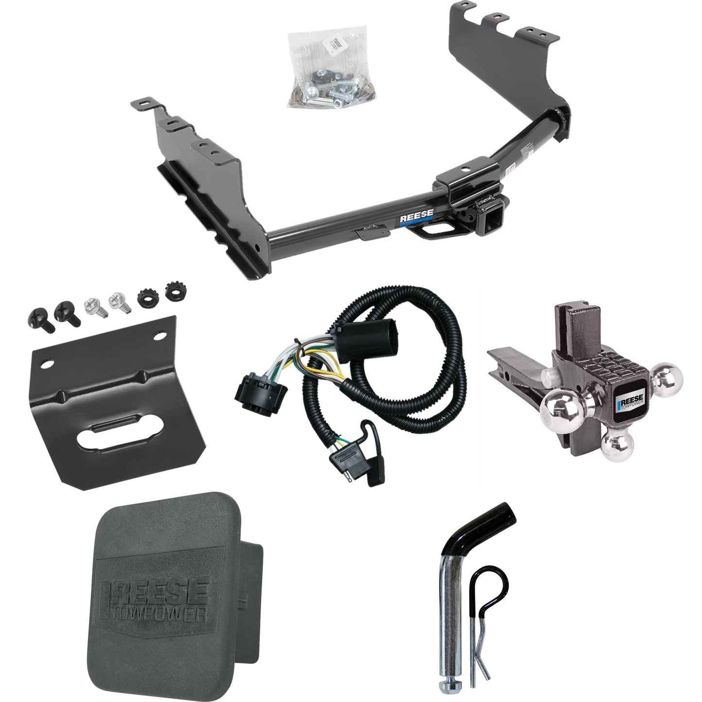 Fits 2014-2018 Chevrolet Silverado 1500 Trailer Hitch Tow PKG w/ 4-Flat Wiring + Adjustable Drop Rise Triple Ball Ball Mount 1-7/8" & 2" & 2-5/16" Trailer Balls + Pin/Clip + Wiring Bracket + Hitch Cover By Reese Towpower