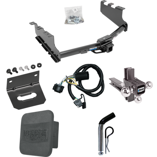 Fits 2014-2018 Chevrolet Silverado 1500 Trailer Hitch Tow PKG w/ 4-Flat Wiring + Adjustable Drop Rise Triple Ball Ball Mount 1-7/8" & 2" & 2-5/16" Trailer Balls + Pin/Clip + Wiring Bracket + Hitch Cover By Reese Towpower