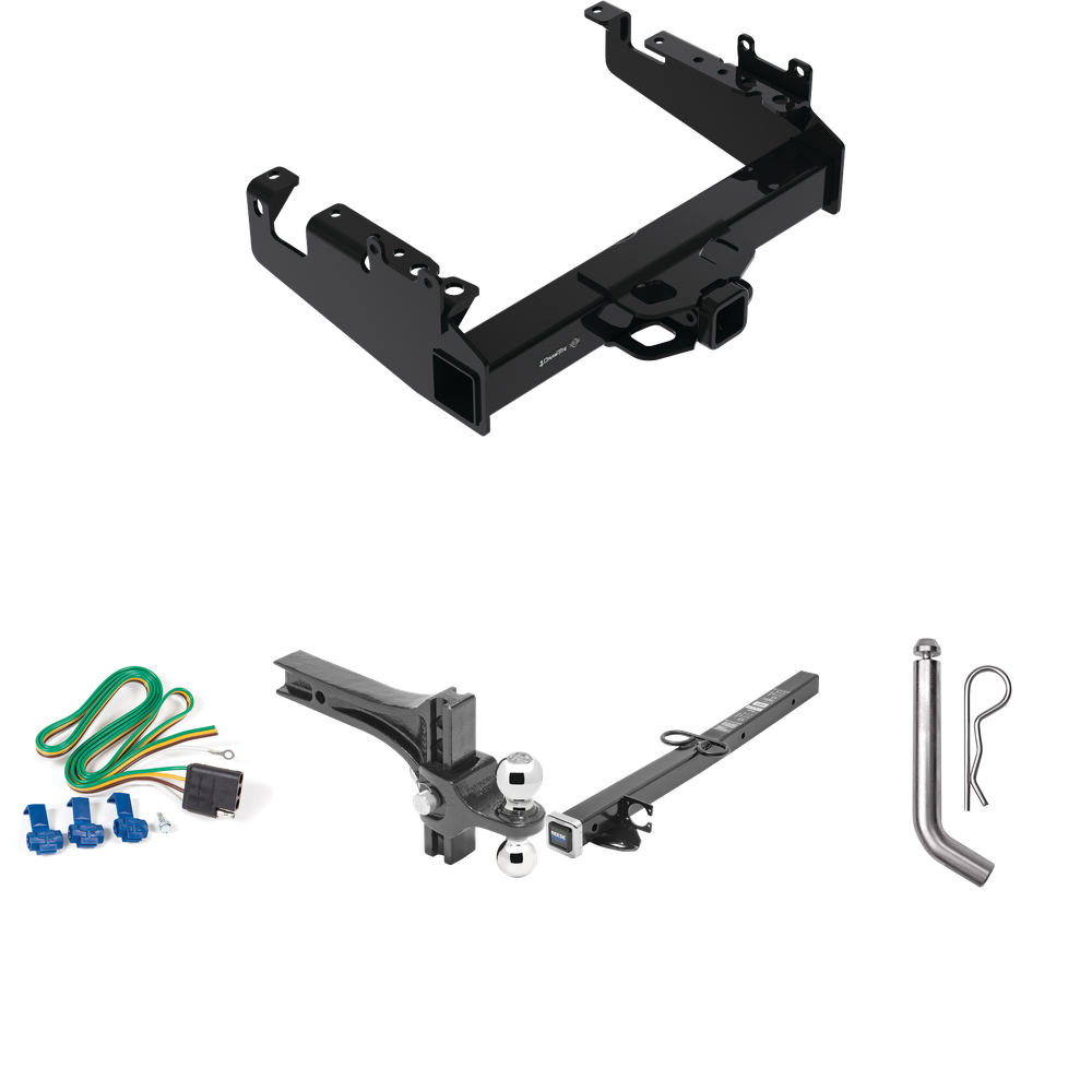 Fits 2019-2023 Ford F-550 Super Duty Trailer Hitch Tow PKG w/ 4-Flat Wiring Harness + 2-1/2" to 2" Adapter 24" Length + Adjustable Drop Rise Dual Ball Ball Mount 2" & 2-5/16" Trailer Balls + Pin/Clip (For Cab & Chassis, w/34" Wide Frames Models) By D