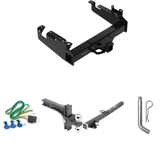 Fits 2019-2023 Ford F-350 Super Duty Trailer Hitch Tow PKG w/ 4-Flat Wiring Harness + 2-1/2" to 2" Adapter 24" Length + Adjustable Drop Rise Dual Ball Ball Mount 2" & 2-5/16" Trailer Balls + Pin/Clip (For Cab & Chassis, w/34" Wide Frames Models) By D