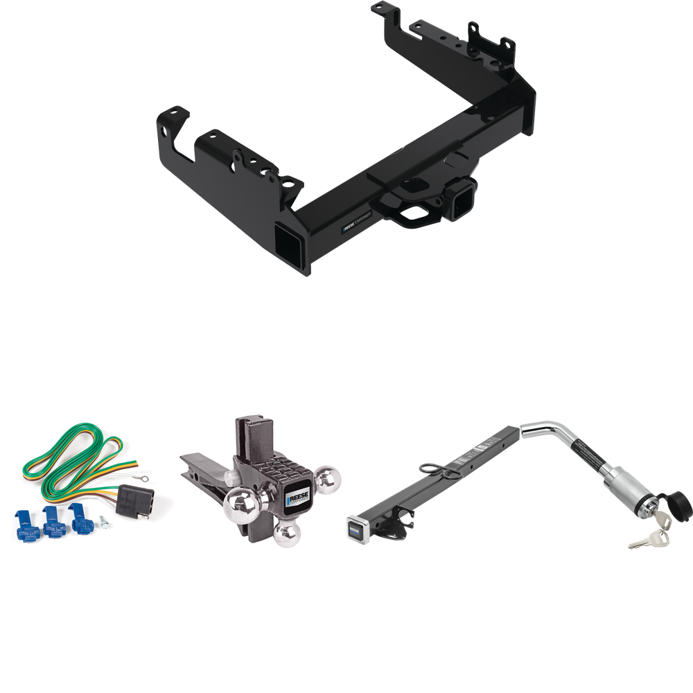 Fits 2019-2023 Ford F-450 Super Duty Trailer Hitch Tow PKG w/ 4-Flat Wiring Harness + 2-1/2" to 2" Adapter 24" Length + Adjustable Drop Rise Triple Ball Ball Mount 1-7/8" & 2" & 2-5/16" Trailer Balls + Hitch Lock (For Cab & Chassis, w/34" Wide Frames