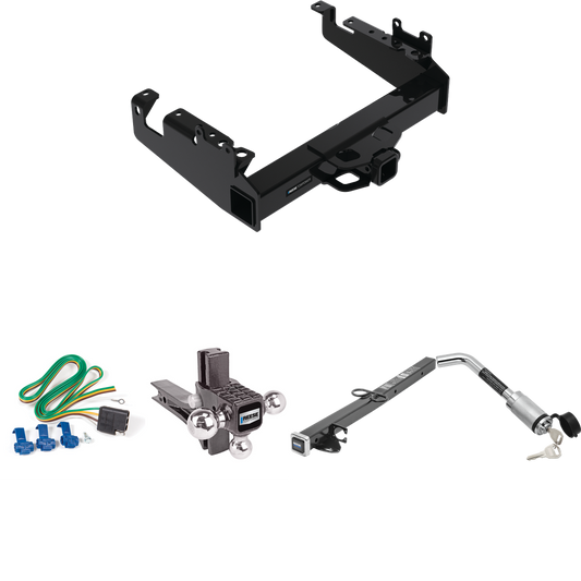 Fits 2019-2023 Ford F-450 Super Duty Trailer Hitch Tow PKG w/ 4-Flat Wiring Harness + 2-1/2" to 2" Adapter 24" Length + Adjustable Drop Rise Triple Ball Ball Mount 1-7/8" & 2" & 2-5/16" Trailer Balls + Hitch Lock (For Cab & Chassis, w/34" Wide Frames