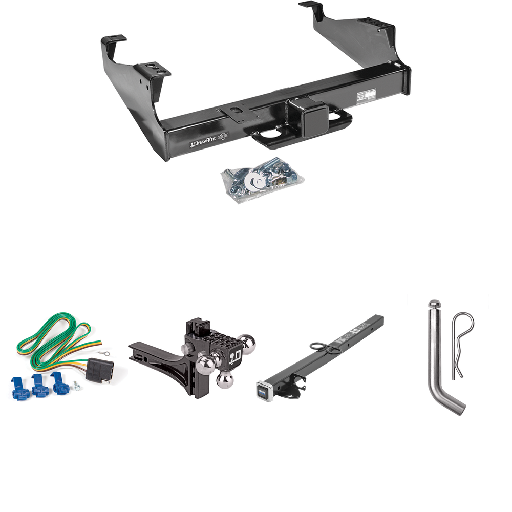 Fits 1999-2023 Ford F-450 Super Duty Trailer Hitch Tow PKG w/ 4-Flat Wiring Harness + 2-1/2" to 2" Adapter 24" Length + Adjustable Drop Rise Triple Ball Ball Mount 1-7/8" & 2" & 2-5/16" Trailer Balls + Pin/Clip (For Cab & Chassis, w/34" Wide Frames M