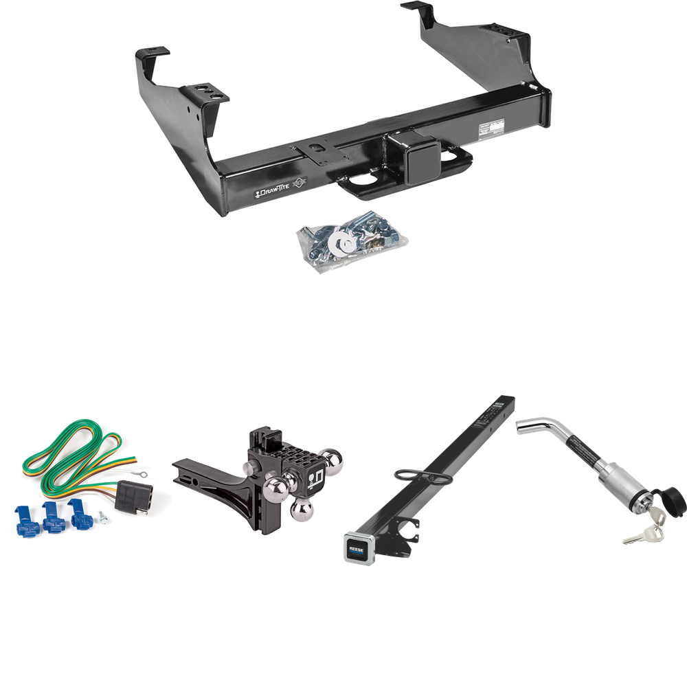 Fits 1999-2023 Ford F-450 Super Duty Trailer Hitch Tow PKG w/ 4-Flat Wiring Harness + 2-1/2" to 2" Adapter 41" Length + Adjustable Drop Rise Triple Ball Ball Mount 1-7/8" & 2" & 2-5/16" Trailer Balls + Hitch Lock (For Cab & Chassis, w/34" Wide Frames