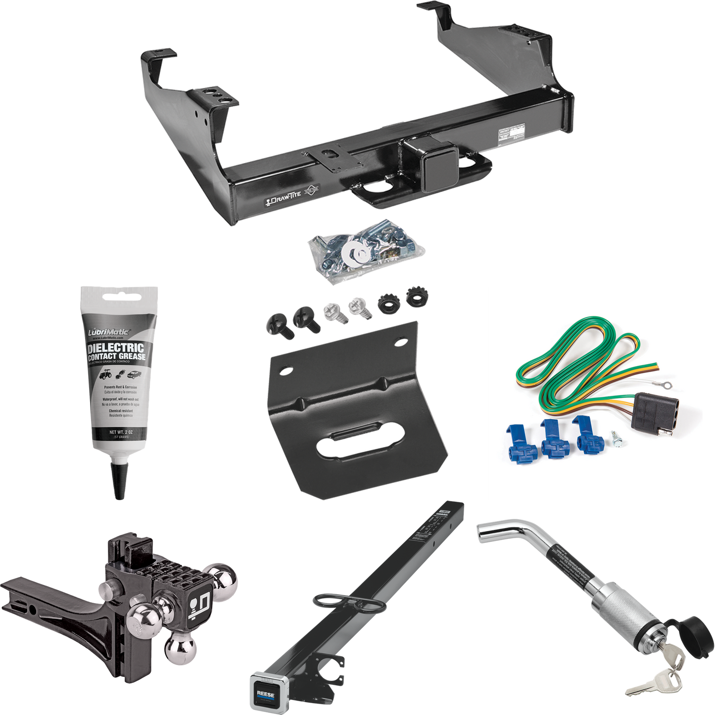 Fits 1999-2000 Ford F-350 Super Duty Trailer Hitch Tow PKG w/ 4-Flat Wiring Harness + 2-1/2" to 2" Adapter 41" Length + Adjustable Drop Rise Triple Ball Ball Mount 1-7/8" & 2" & 2-5/16" Trailer Balls + Hitch Lock + Wiring Bracket + Electric Grease (F