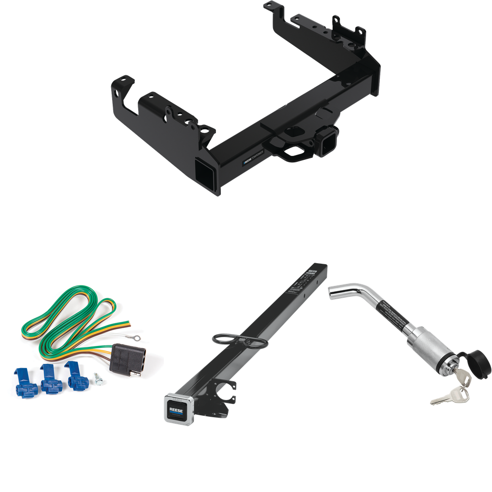 Fits 2019-2023 Ford F-350 Super Duty Trailer Hitch Tow PKG w/ 4-Flat Wiring Harness + 2-1/2" to 2" Adapter 41" Length + Hitch Lock (For Cab & Chassis, w/34" Wide Frames Models) By Reese Towpower