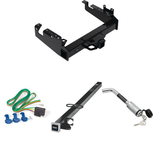 Fits 2019-2023 Ford F-350 Super Duty Trailer Hitch Tow PKG w/ 4-Flat Wiring Harness + 2-1/2" to 2" Adapter 41" Length + Hitch Lock (For Cab & Chassis, w/34" Wide Frames Models) By Reese Towpower