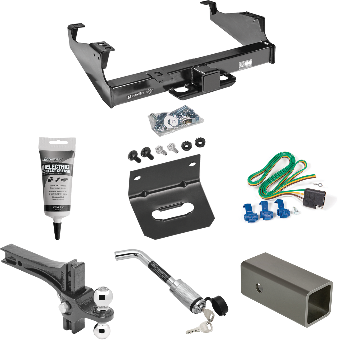 Fits 1999-2023 Ford F-450 Super Duty Trailer Hitch Tow PKG w/ 4-Flat Wiring Harness + 2-1/2" to 2" Adapter 6" Length + Adjustable Drop Rise Dual Ball Ball Mount 2" & 2-5/16" Trailer Balls + Hitch Lock + Wiring Bracket + Electric Grease (For Cab & Cha