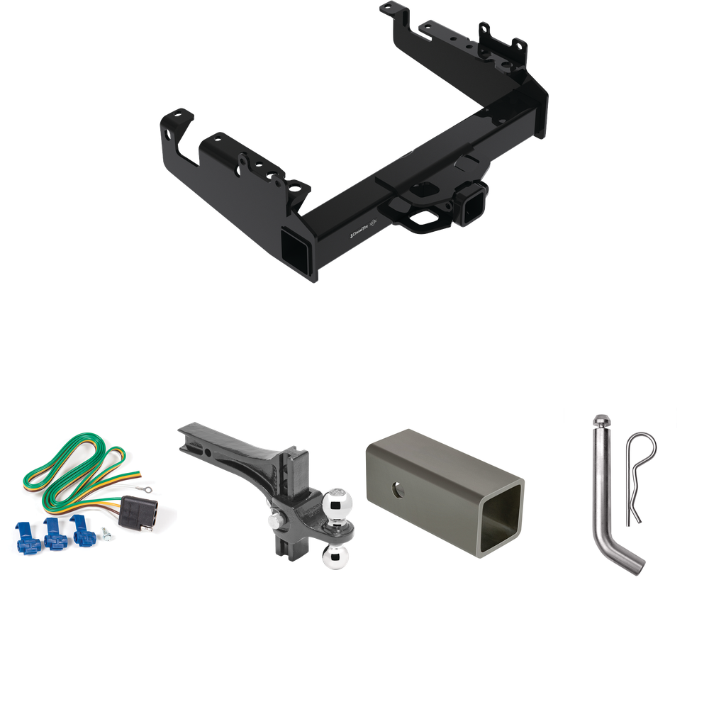 Fits 2019-2023 Ford F-450 Super Duty Trailer Hitch Tow PKG w/ 4-Flat Wiring Harness + 2-1/2" to 2" Adapter 6" Length + Adjustable Drop Rise Dual Ball Ball Mount 2" & 2-5/16" Trailer Balls + Pin/Clip (For Cab & Chassis, w/34" Wide Frames Models) By Dr