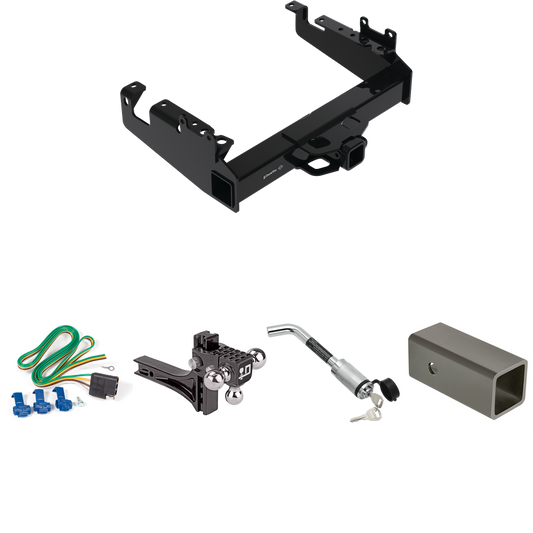 Fits 2019-2023 Ford F-350 Super Duty Trailer Hitch Tow PKG w/ 4-Flat Wiring Harness + 2-1/2" to 2" Adapter 6" Length + Adjustable Drop Rise Triple Ball Ball Mount 1-7/8" & 2" & 2-5/16" Trailer Balls + Hitch Lock (For Cab & Chassis, w/34" Wide Frames