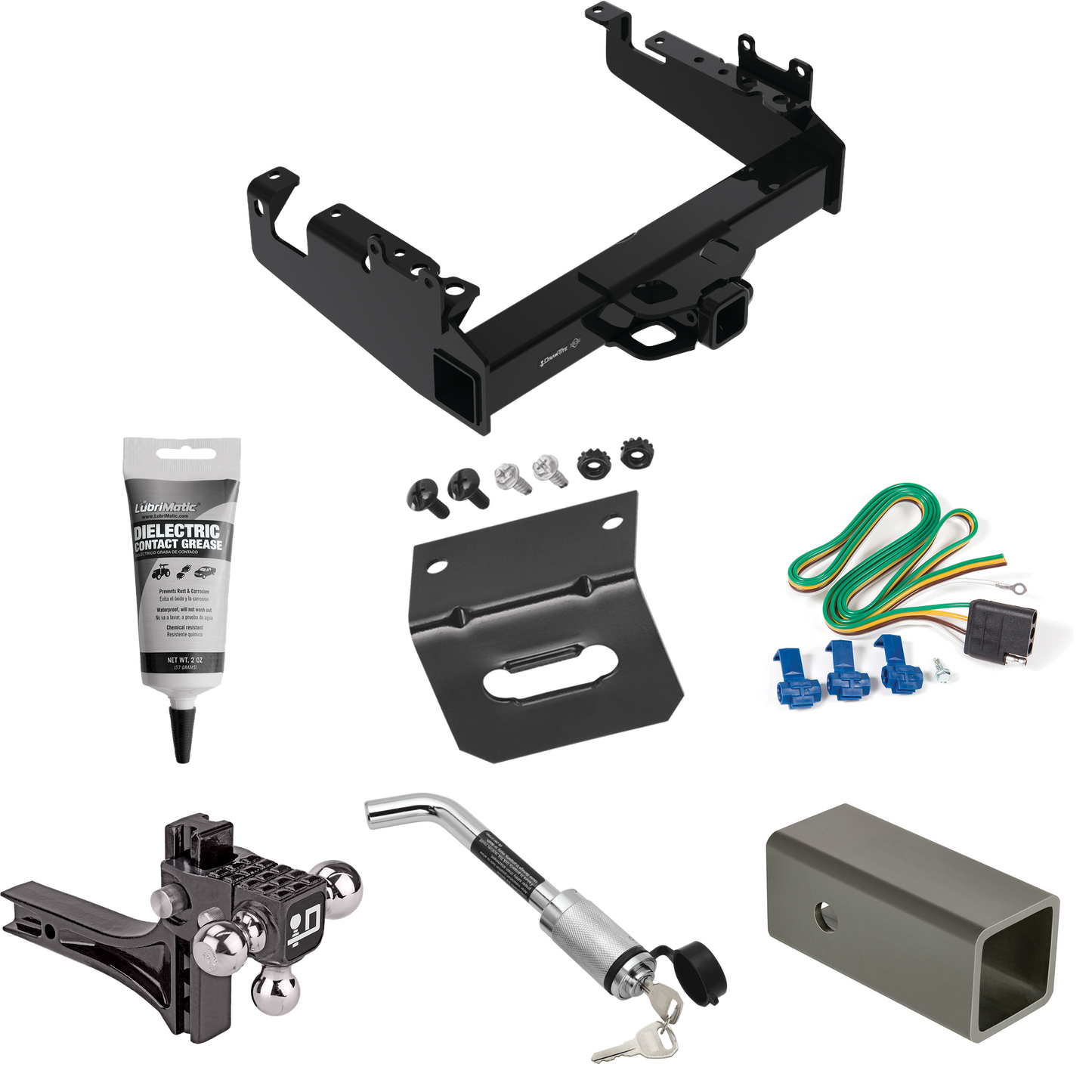 Fits 2019-2023 Ford F-550 Super Duty Trailer Hitch Tow PKG w/ 4-Flat Wiring Harness + 2-1/2" to 2" Adapter 6" Length + Adjustable Drop Rise Triple Ball Ball Mount 1-7/8" & 2" & 2-5/16" Trailer Balls + Hitch Lock + Wiring Bracket + Electric Grease (Fo