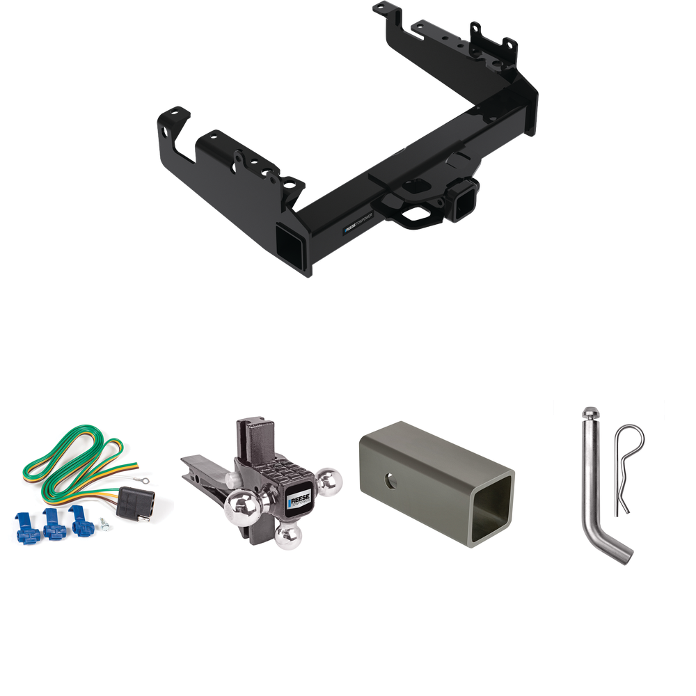 Fits 2019-2023 Ford F-450 Super Duty Trailer Hitch Tow PKG w/ 4-Flat Wiring Harness + 2-1/2" to 2" Adapter 6" Length + Adjustable Drop Rise Triple Ball Ball Mount 1-7/8" & 2" & 2-5/16" Trailer Balls + Pin/Clip (For Cab & Chassis, w/34" Wide Frames Mo