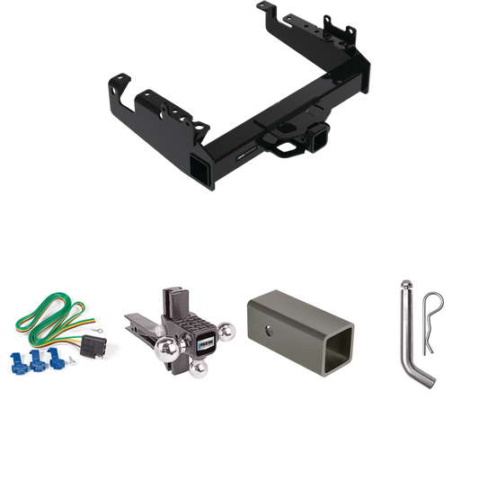 Fits 2019-2023 Ford F-450 Super Duty Trailer Hitch Tow PKG w/ 4-Flat Wiring Harness + 2-1/2" to 2" Adapter 6" Length + Adjustable Drop Rise Triple Ball Ball Mount 1-7/8" & 2" & 2-5/16" Trailer Balls + Pin/Clip (For Cab & Chassis, w/34" Wide Frames Mo