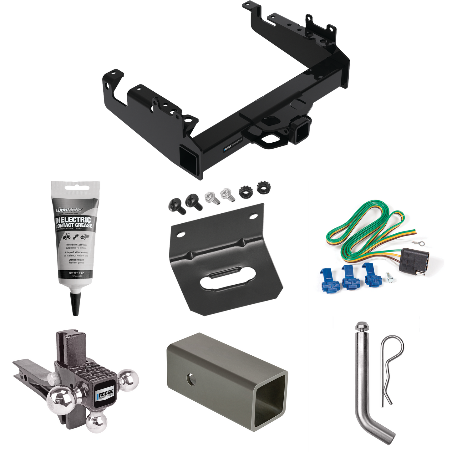 Fits 2019-2023 Ford F-450 Super Duty Trailer Hitch Tow PKG w/ 4-Flat Wiring Harness + 2-1/2" to 2" Adapter 6" Length + Adjustable Drop Rise Triple Ball Ball Mount 1-7/8" & 2" & 2-5/16" Trailer Balls + Pin/Clip + Wiring Bracket + Electric Grease (For