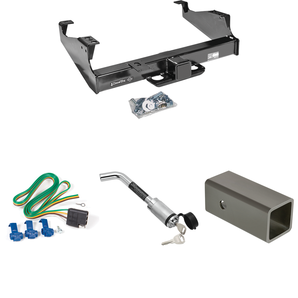 Fits 1999-2023 Ford F-550 Super Duty Trailer Hitch Tow PKG w/ 4-Flat Wiring Harness + 2-1/2" to 2" Adapter 6" Length + Hitch Lock (For Cab & Chassis, w/34" Wide Frames Models) By Draw-Tite