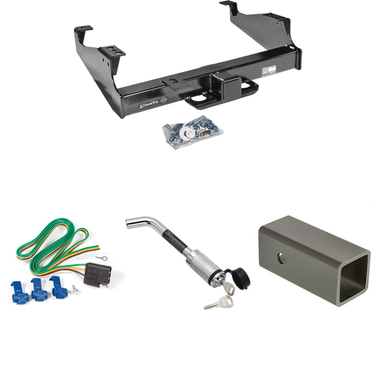 Fits 1999-2023 Ford F-550 Super Duty Trailer Hitch Tow PKG w/ 4-Flat Wiring Harness + 2-1/2" to 2" Adapter 6" Length + Hitch Lock (For Cab & Chassis, w/34" Wide Frames Models) By Draw-Tite