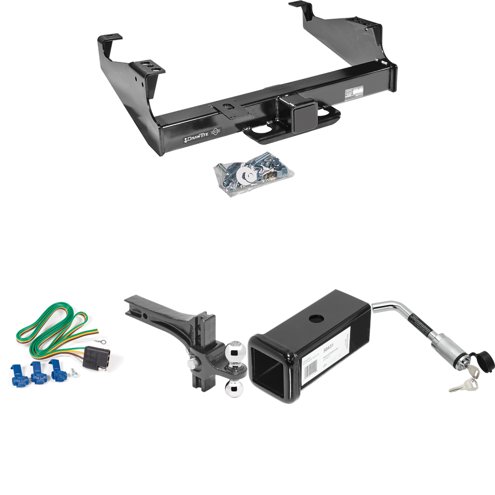 Fits 1999-2023 Ford F-450 Super Duty Trailer Hitch Tow PKG w/ 4-Flat Wiring Harness + 2-1/2" to 2" Adapter 7" Length + Adjustable Drop Rise Dual Ball Ball Mount 2" & 2-5/16" Trailer Balls + Hitch Lock (For Cab & Chassis, w/34" Wide Frames Models) By