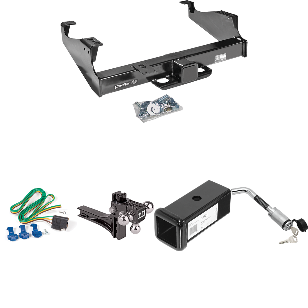 Fits 1999-2023 Ford F-550 Super Duty Trailer Hitch Tow PKG w/ 4-Flat Wiring Harness + 2-1/2" to 2" Adapter 7" Length + Adjustable Drop Rise Triple Ball Ball Mount 1-7/8" & 2" & 2-5/16" Trailer Balls + Hitch Lock (For Cab & Chassis, w/34" Wide Frames