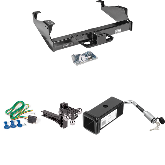 Fits 1999-2023 Ford F-550 Super Duty Trailer Hitch Tow PKG w/ 4-Flat Wiring Harness + 2-1/2" to 2" Adapter 7" Length + Adjustable Drop Rise Triple Ball Ball Mount 1-7/8" & 2" & 2-5/16" Trailer Balls + Hitch Lock (For Cab & Chassis, w/34" Wide Frames