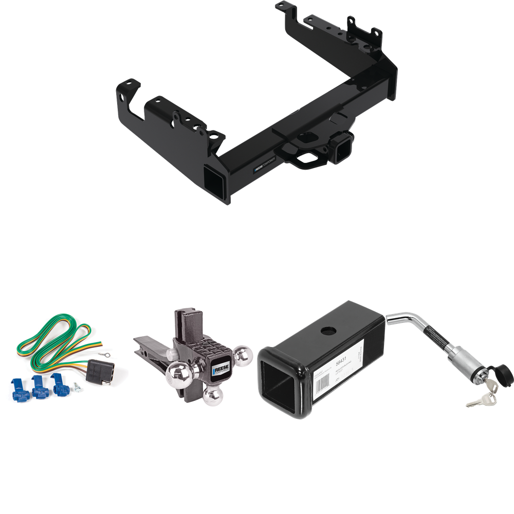 Fits 2019-2023 Ford F-550 Super Duty Trailer Hitch Tow PKG w/ 4-Flat Wiring Harness + 2-1/2" to 2" Adapter 7" Length + Adjustable Drop Rise Triple Ball Ball Mount 1-7/8" & 2" & 2-5/16" Trailer Balls + Hitch Lock (For Cab & Chassis, w/34" Wide Frames