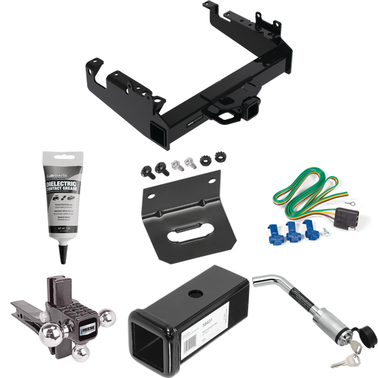 Fits 2019-2023 Ford F-550 Super Duty Trailer Hitch Tow PKG w/ 4-Flat Wiring Harness + 2-1/2" to 2" Adapter 7" Length + Adjustable Drop Rise Triple Ball Ball Mount 1-7/8" & 2" & 2-5/16" Trailer Balls + Hitch Lock + Wiring Bracket + Electric Grease (Fo