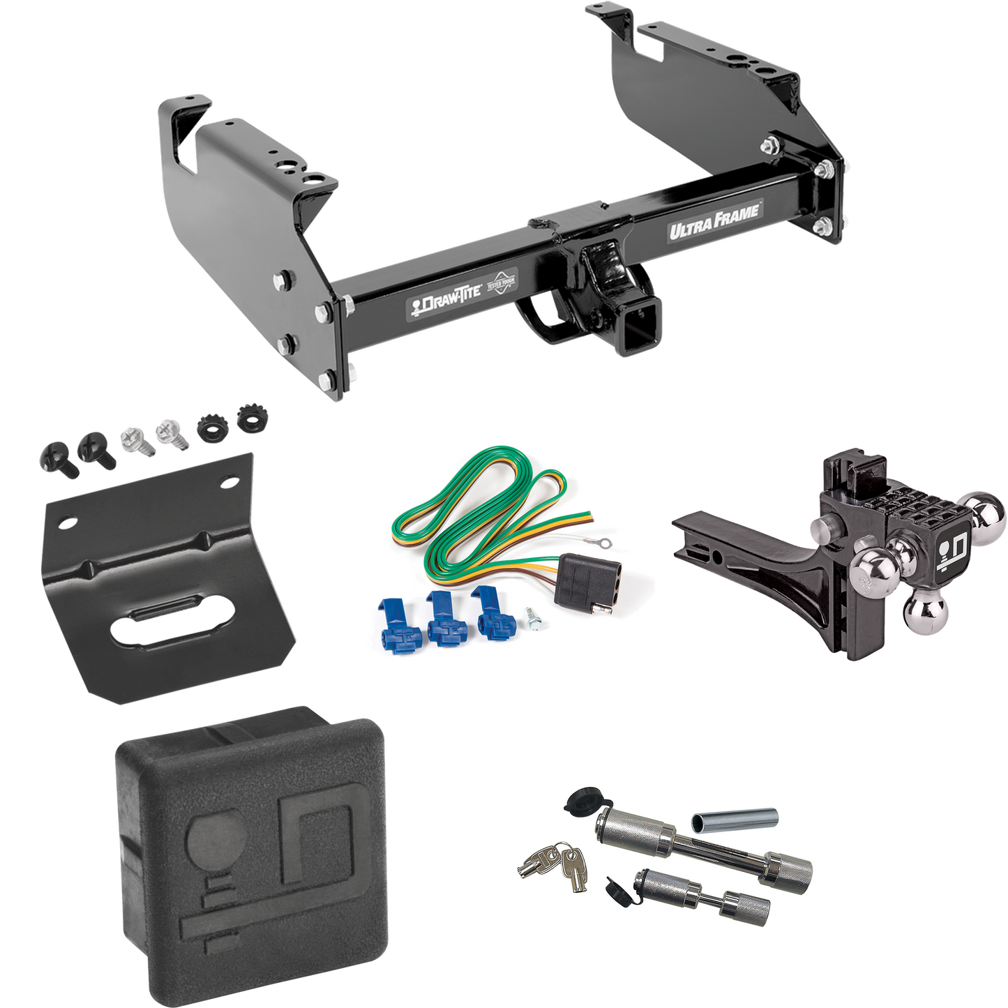 Fits 1999-2019 Ford F-550 Super Duty Trailer Hitch Tow PKG w/ 4-Flat Wiring Harness + Adjustable Drop Rise Triple Ball Ball Mount 1-7/8" & 2" & 2-5/16" Trailer Balls + Dual Hitch & Coupler Locks + Hitch Cover + Wiring Bracket (For Cab & Chassis, w/34