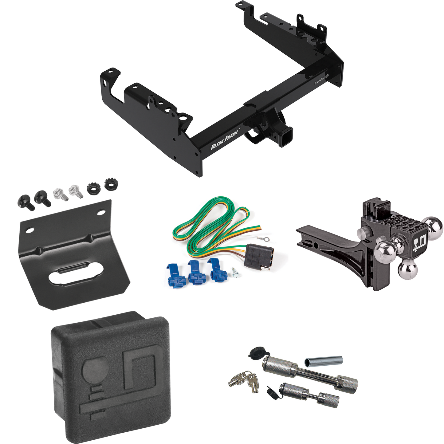 Fits 2019-2023 Ford F-350 Super Duty Trailer Hitch Tow PKG w/ 4-Flat Wiring Harness + Adjustable Drop Rise Triple Ball Ball Mount 1-7/8" & 2" & 2-5/16" Trailer Balls + Dual Hitch & Coupler Locks + Hitch Cover + Wiring Bracket (For Cab & Chassis, w/34