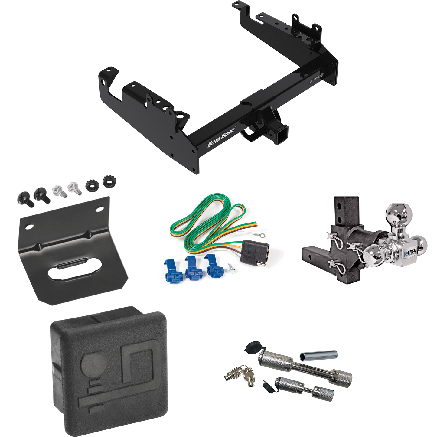 Fits 2019-2023 Ford F-450 Super Duty Trailer Hitch Tow PKG w/ 4-Flat Wiring Harness + Adjustable Drop Rise Triple Ball Ball Mount 1-7/8" & 2" & 2-5/16" Trailer Balls + Dual Hitch & Coupler Locks + Hitch Cover + Wiring Bracket (For Cab & Chassis, w/34