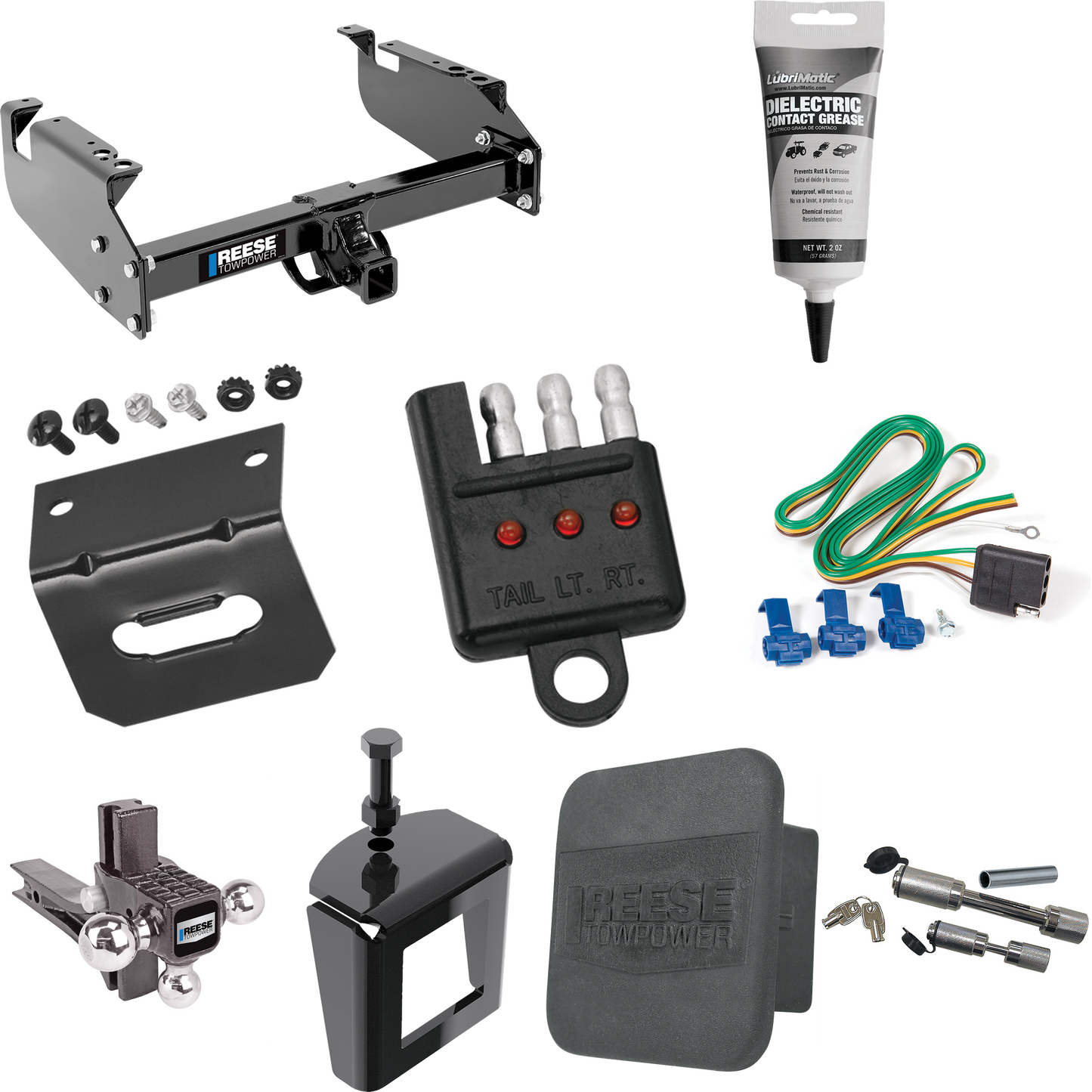 Fits 1999-2019 Ford F-550 Super Duty Trailer Hitch Tow PKG w/ 4-Flat Wiring Harness + Adjustable Drop Rise Triple Ball Ball Mount 1-7/8" & 2" & 2-5/16" Trailer Balls + Dual Hitch & Coupler Locks + Hitch Cover + Wiring Bracket + Wiring Tester + Electr