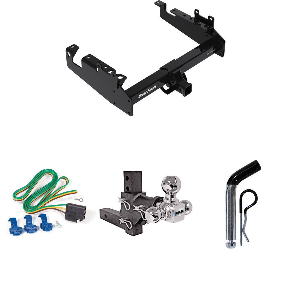 Fits 2019-2023 Ford F-550 Super Duty Trailer Hitch Tow PKG w/ 4-Flat Wiring Harness + Adjustable Drop Rise Triple Ball Ball Mount 1-7/8" & 2" & 2-5/16" Trailer Balls + Pin/Clip (For Cab & Chassis, w/34" Wide Frames Models) By Draw-Tite