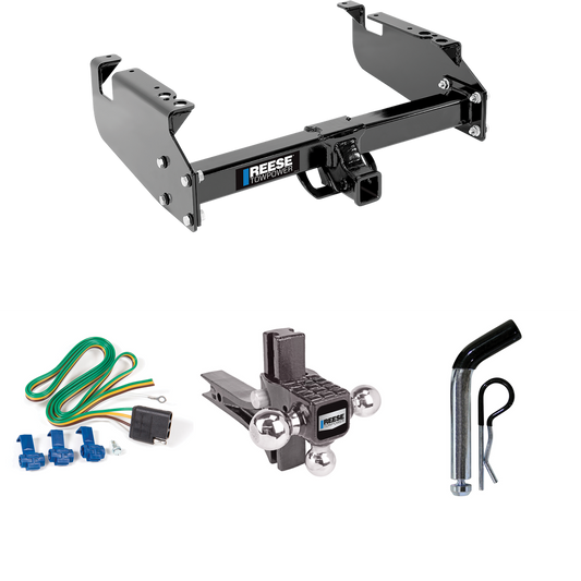 Fits 1999-2019 Ford F-350 Super Duty Trailer Hitch Tow PKG w/ 4-Flat Wiring Harness + Adjustable Drop Rise Triple Ball Ball Mount 1-7/8" & 2" & 2-5/16" Trailer Balls + Pin/Clip (For Cab & Chassis, w/34" Wide Frames Models) By Reese Towpower